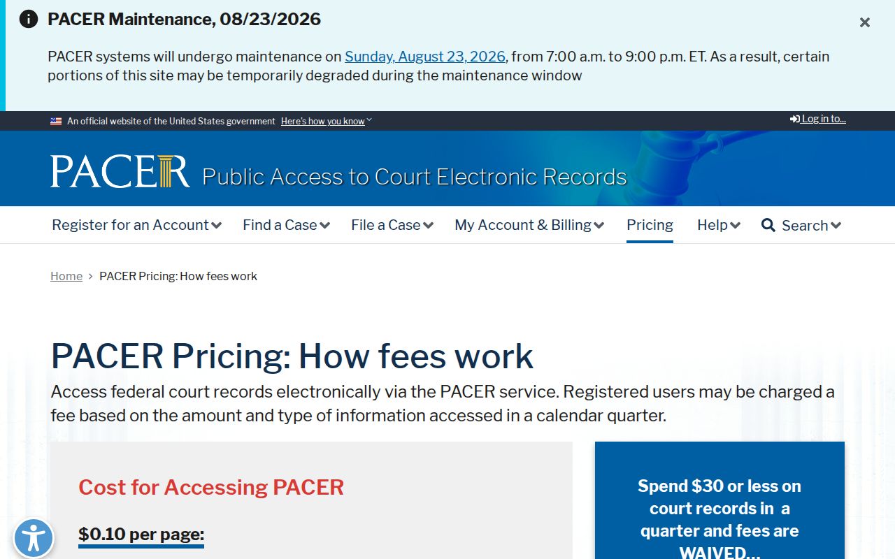 PACER pricing for federal court records serving Vanderburgh County