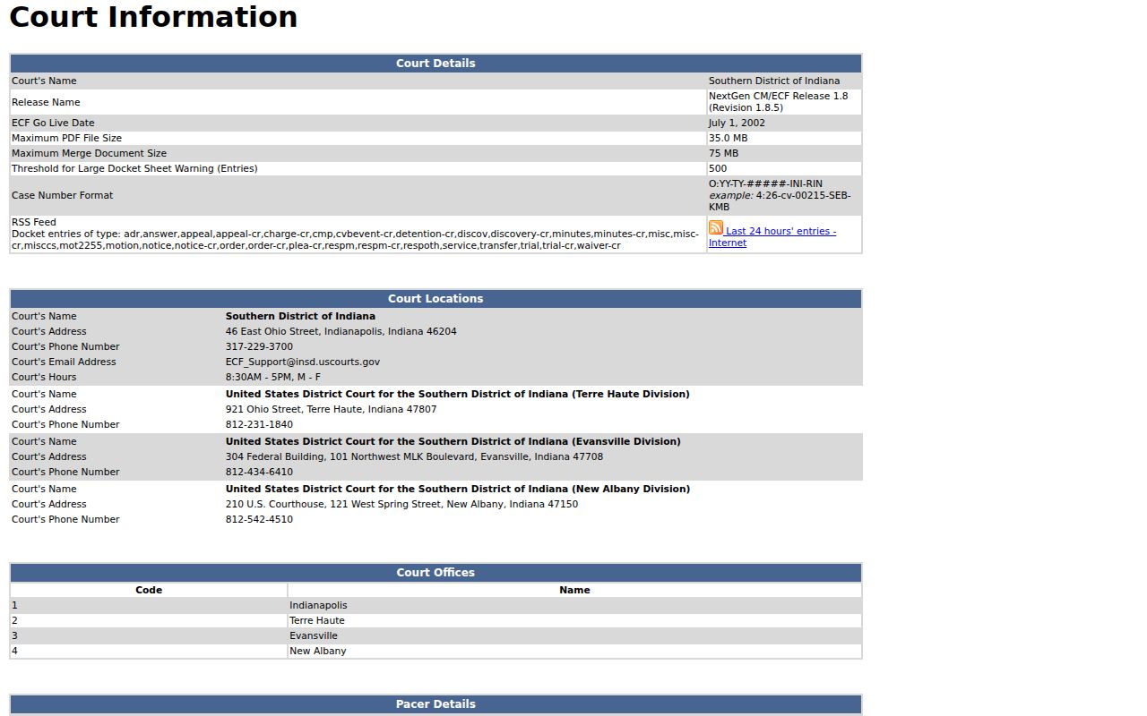 Southern District of Indiana Evansville Division court information