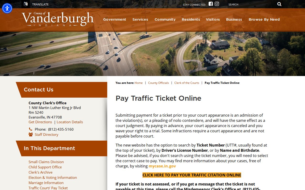 Vanderburgh County online traffic ticket search and payment page